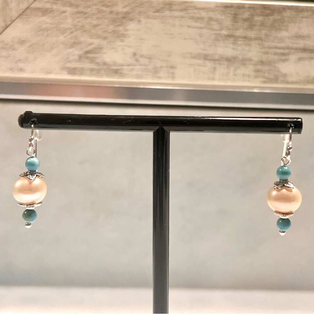 AAA Oval Pearl and Chinese Turquoise Earrings w/ Sterling Silver Posts.
